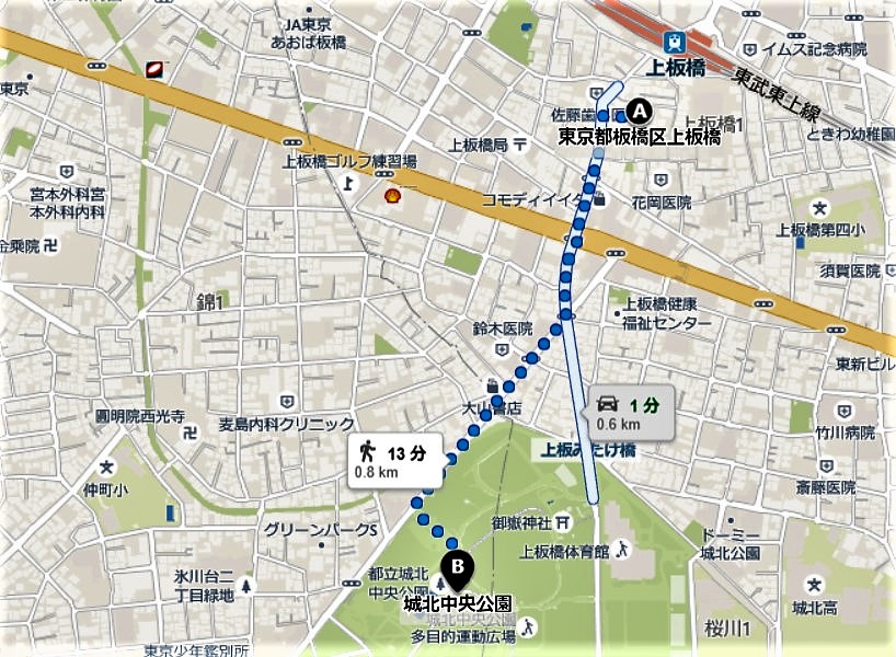 上板橋から城北中央公園への道順を示したマップ
